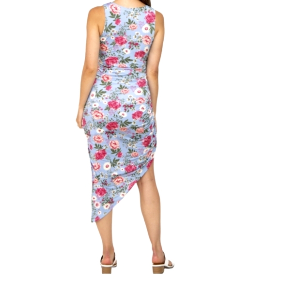 BEESON RIVER • PINKBLUSH Blue Floral Ruched Asymmetrical Maternity  Midi Dress - Picture 3 of 14